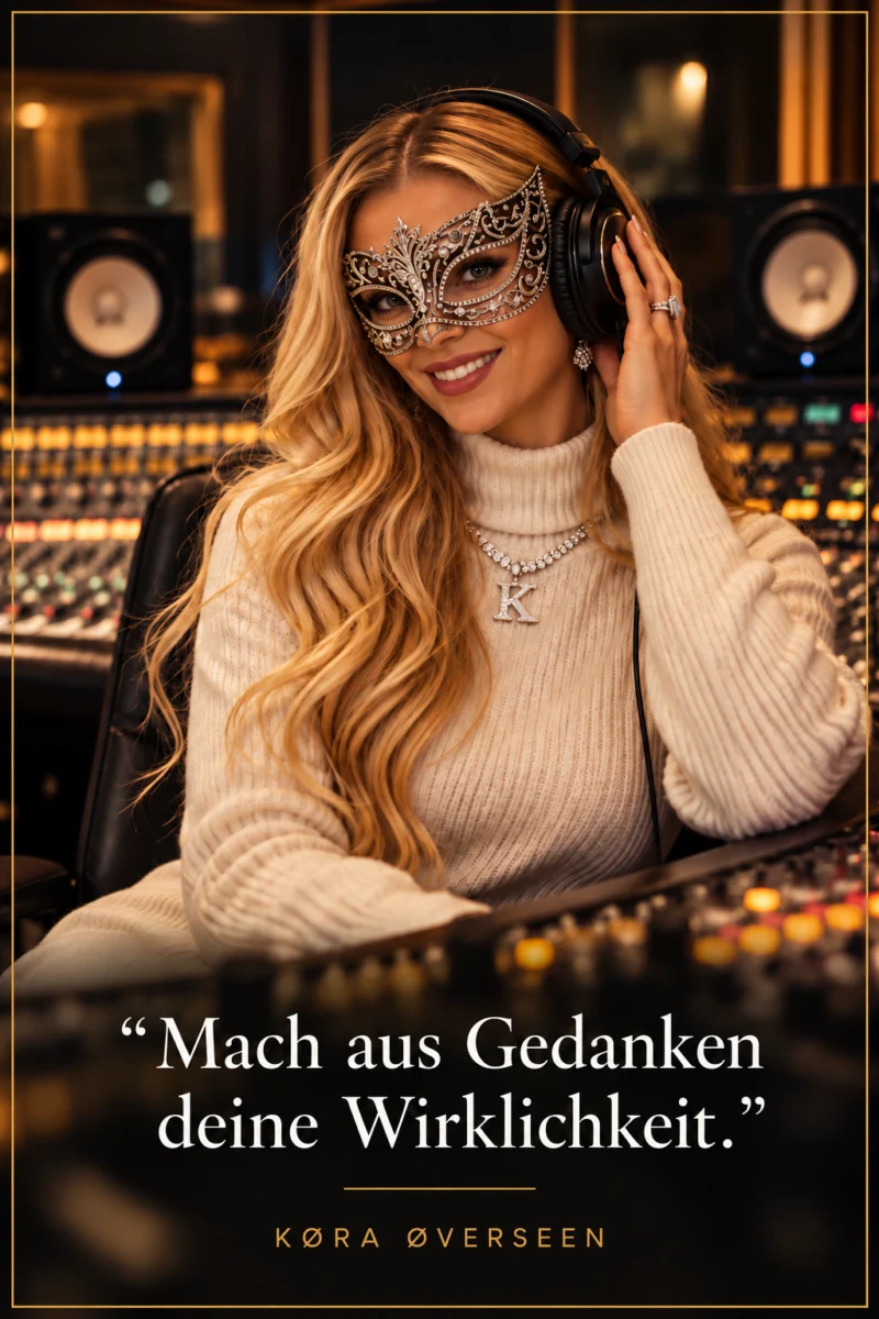 KØRA mit silberner Maske und Kopfhörern im Tonstudio – Mach aus Gedanken deine Wirklichkeit.